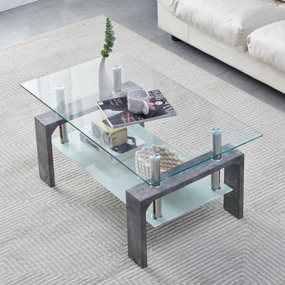 Living Room Rectangle Coffee Table, Modern Glass Tea Table with Wooden Legs & Lower Storage Shelf, Stylish Center Table for Waiting Room or Home, Grey Marble
