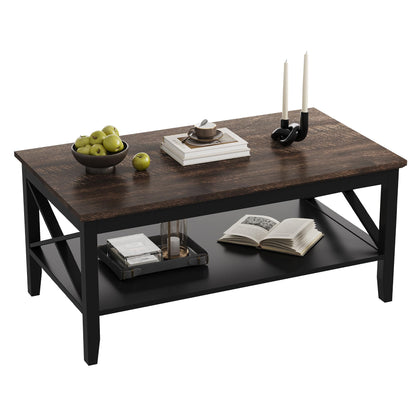 Black Wooden Coffee Table with Thick Legs and Storage for Living Room