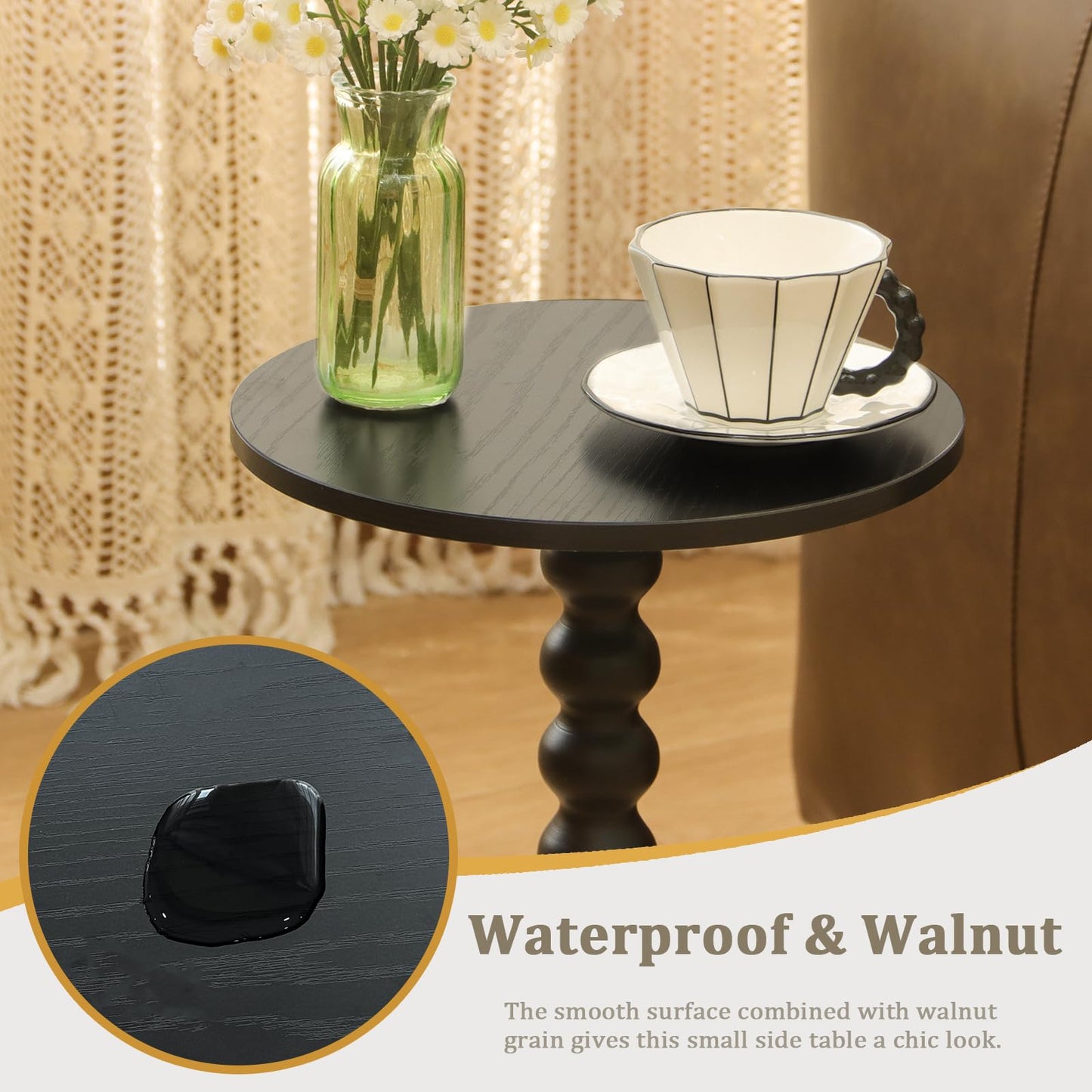 Round Side Table, Small Modern Drink Table with Solid Wood Legs for Living Room, Bedroom, Office, Black