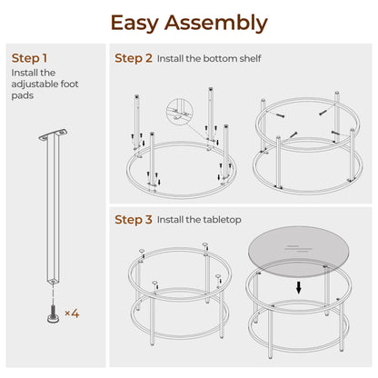 27.6" Round Glass Coffee Table with Black Metal Frame for Living Room, Office, or Apartment