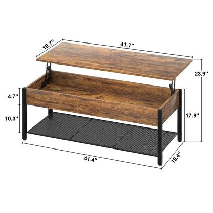 Lift Top Coffee Table with Storage Shelf and Hidden Compartment, Modern Wood and Metal Table for Living Room, Rustic Brown