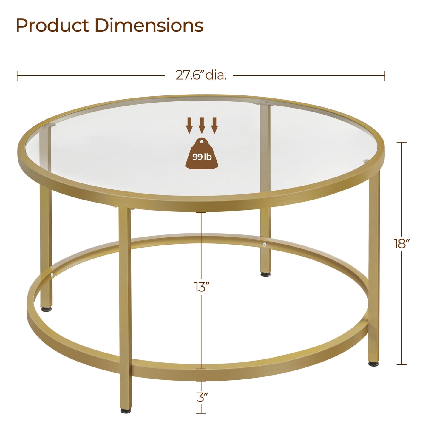 27.6" Round Glass Coffee Table with Gold Metal Frame for Living Room, Office, or Apartment