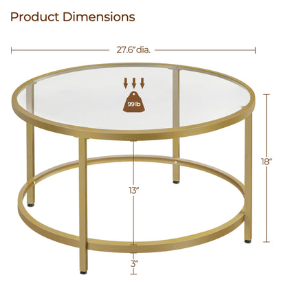 27.6" Round Glass Coffee Table with Gold Metal Frame for Living Room, Office, or Apartment