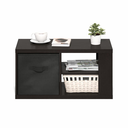 Modern Coffee Table with Open Shelves and Storage Bin, Stylish Side Table for Living Room, Dark Oak/Black