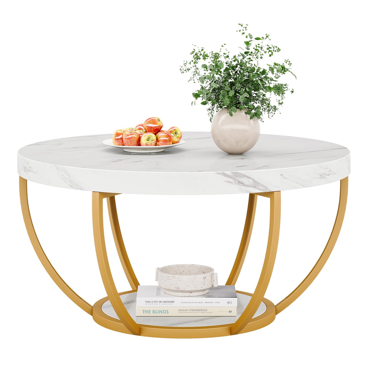 Tribesigns Modern Round Coffee Table, 2-Tier Circle Coffee Table with Faux White Marble Top and Gold Metal Legs, Elegant Accent Center Table for Living Room