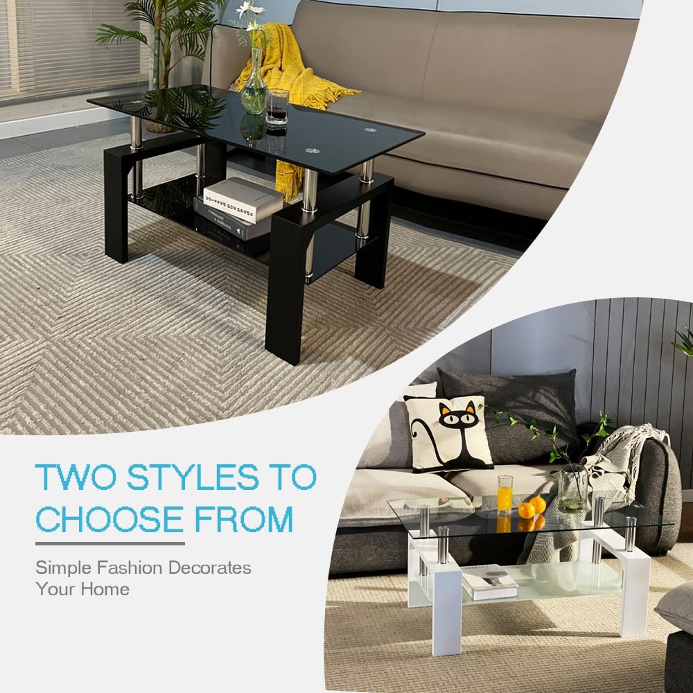 Btrpily Modern Rectangle Coffee Table for Living Room, 39.5D x 23.5W x 17.5H in, Black Glass Tea Table with Wooden Legs & Lower Storage Shelf, Stylish Center Table for Home or Waiting Room