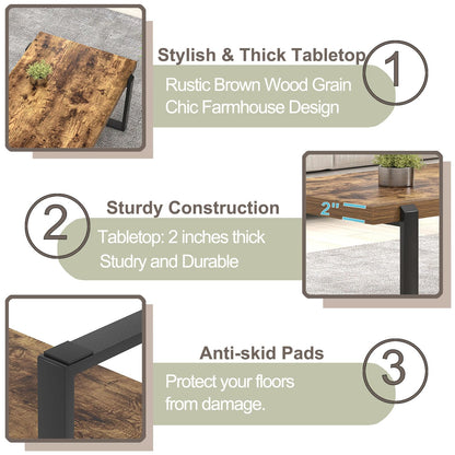 FOLUBAN 47" Modern Coffee Table – Rustic Brown Wood and Metal Industrial Rectangle Center Table for Living Room