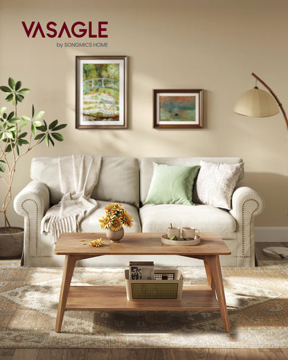 VASAGLE MAEZO Collection 2-Tier Coffee Table with Storage, Tapered Legs & Curved Transitions – 21.7" x 39.4" x 17.7" Modern Center Table for Living Room, Easy Assembly, Honey Brown (ULCT249K01)