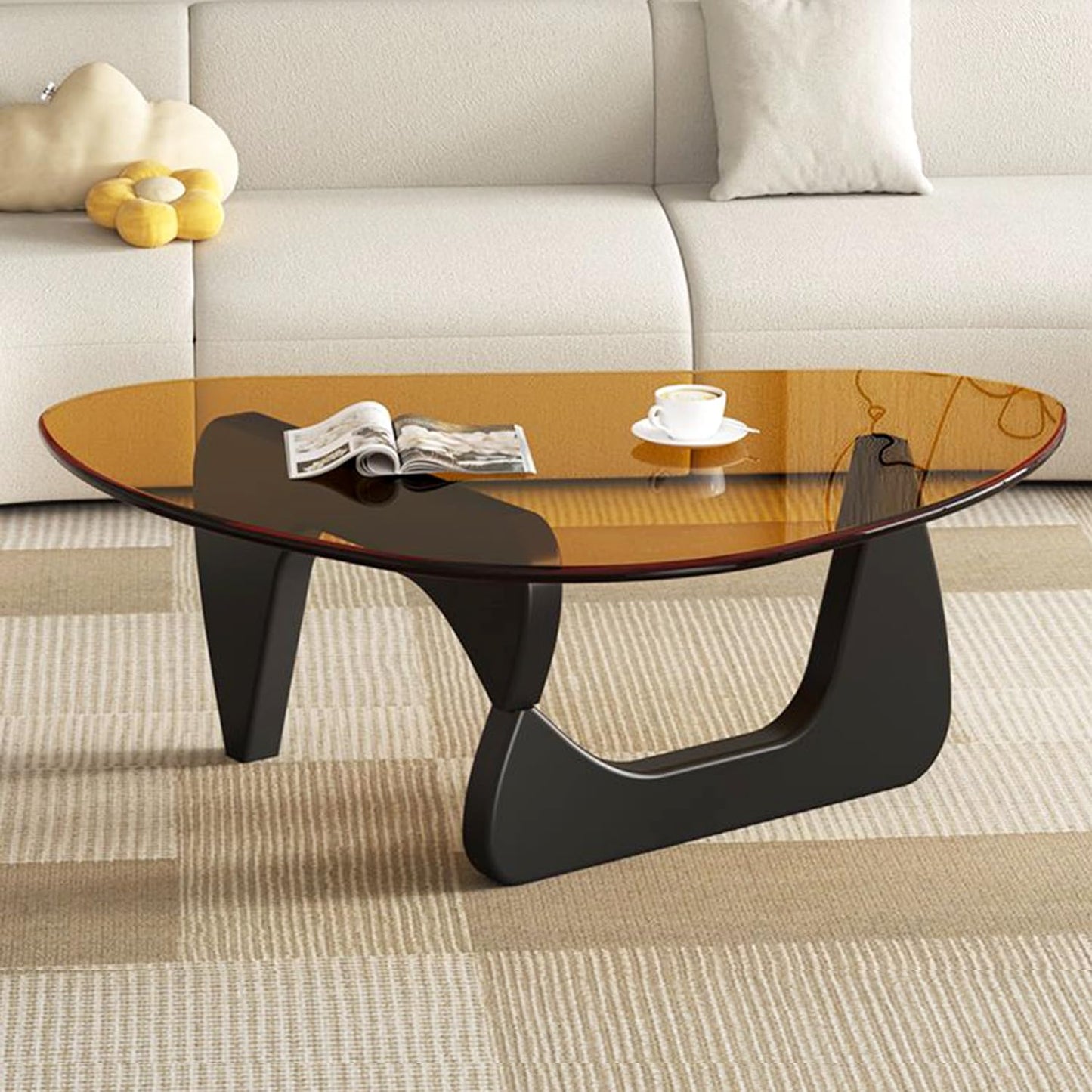Mid Century Modern Glass Coffee Table, Small Elegant Coffee Table for Living Room Bedroom Office, Black/Brown Medium
