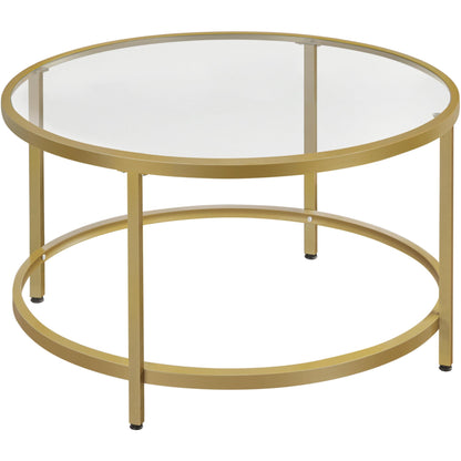 27.6" Round Glass Coffee Table with Gold Metal Frame for Living Room, Office, or Apartment