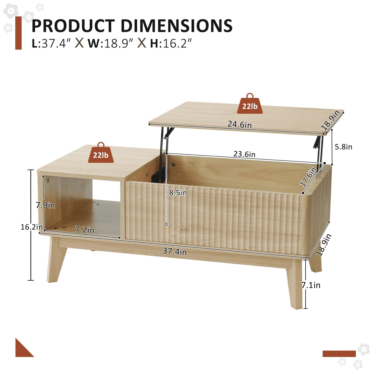 LYNCOHOME Fluted Lift Top Coffee Table with Hidden Compartment – Modern Center Table for Living Room or Home Office, Natural Finish
