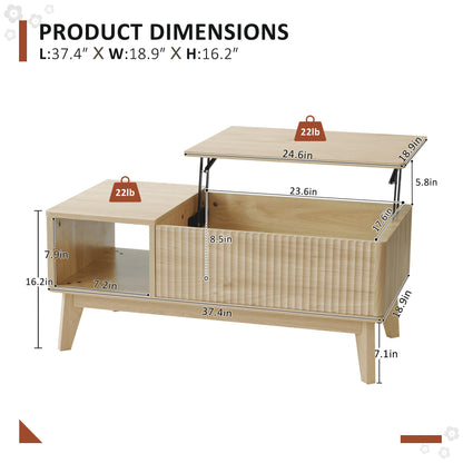 LYNCOHOME Fluted Lift Top Coffee Table with Hidden Compartment – Modern Center Table for Living Room or Home Office, Natural Finish