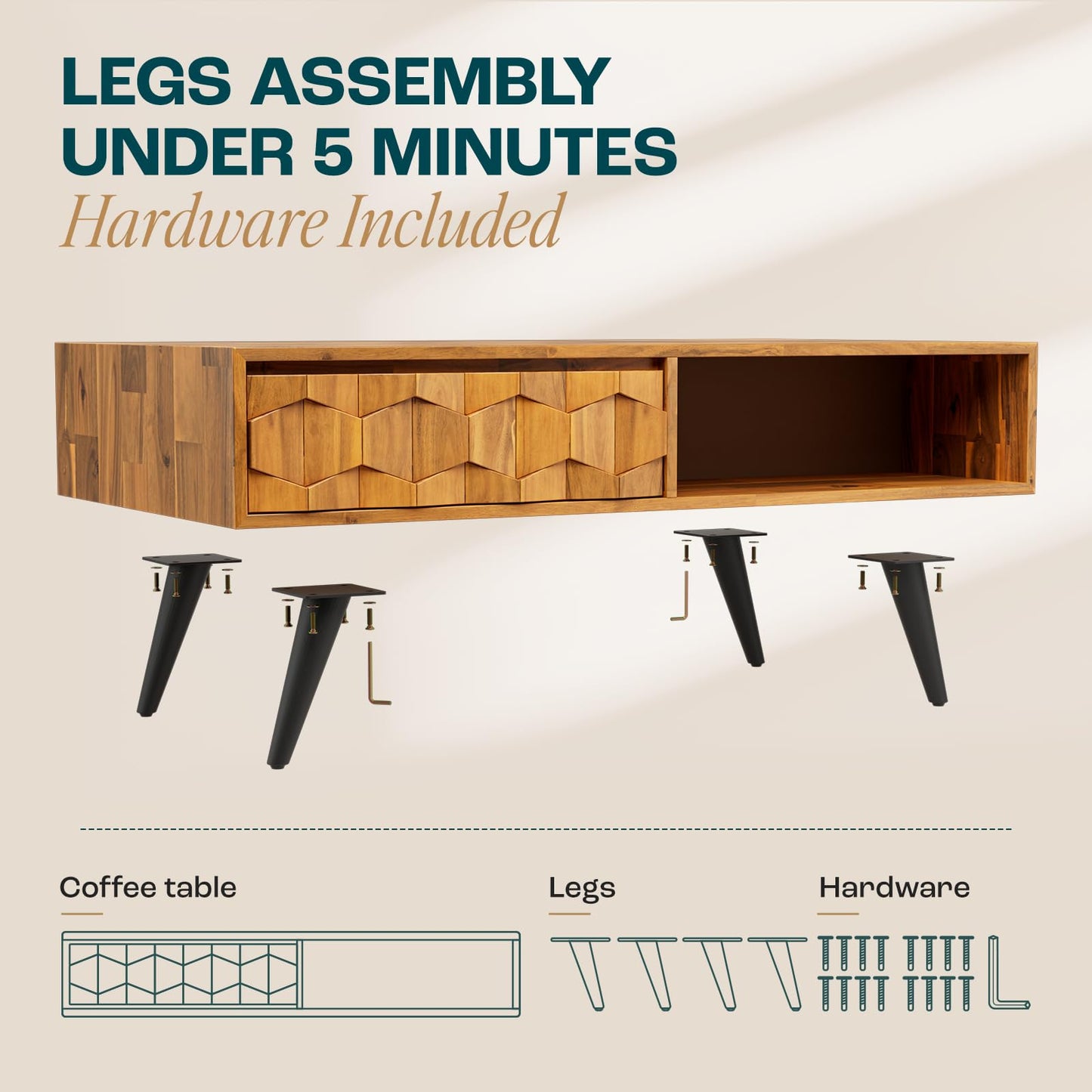 Bme Georgina Mid-Century Modern Solid Wood Coffee Table – 2 Symmetrical Storage Drawers & Geometric Details, Fully Assembled Center Table for Living Room, Teak Brown