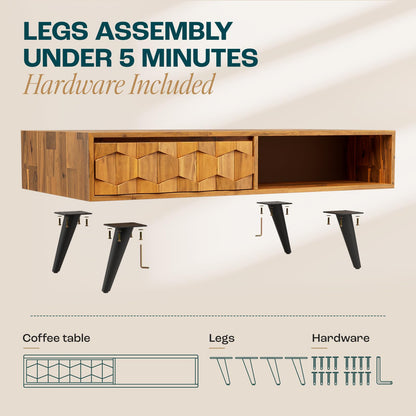 Bme Georgina Mid-Century Modern Solid Wood Coffee Table – 2 Symmetrical Storage Drawers & Geometric Details, Fully Assembled Center Table for Living Room, Teak Brown