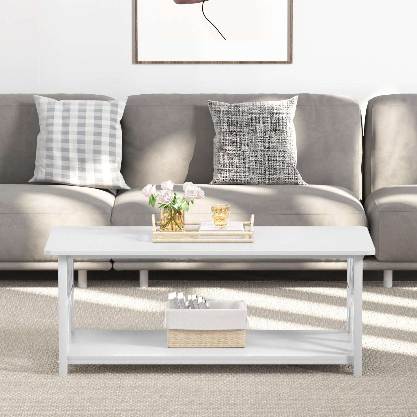 GreenForest 39" Coffee Table for Living Room with Round Corners, Farmhouse Style Center Table with 2-Tier Storage Shelf, Space-Saving & Easy Assembly, Full White