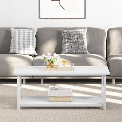 GreenForest 39" Coffee Table for Living Room with Round Corners, Farmhouse Style Center Table with 2-Tier Storage Shelf, Space-Saving & Easy Assembly, Full White