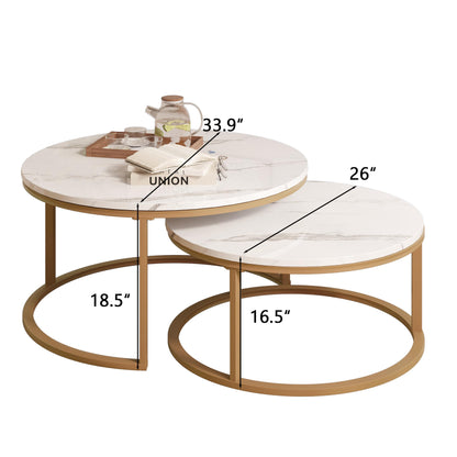 WiberWi Round Nesting Coffee Tables Set of 2 – Large Ø34", Small Ø26", Modern Gold Metal Frame Circle Tables with High Gloss Faux White Marble Top for Living Room