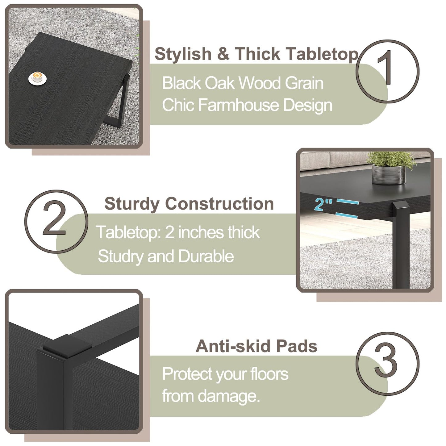 FOLUBAN 47" Black Coffee Table – Modern Industrial Wood and Metal Rectangle Center Table for Living Room