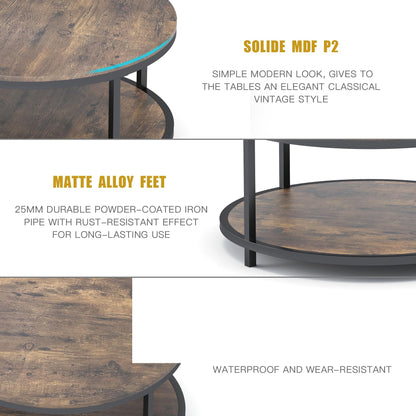 NSdirect 36" Round Coffee Table for Living Room – Rustic Brown Wooden Top with Sturdy Metal Legs, 2-Tier Industrial Sofa Table with Open Storage Shelf, Modern Home Furniture
