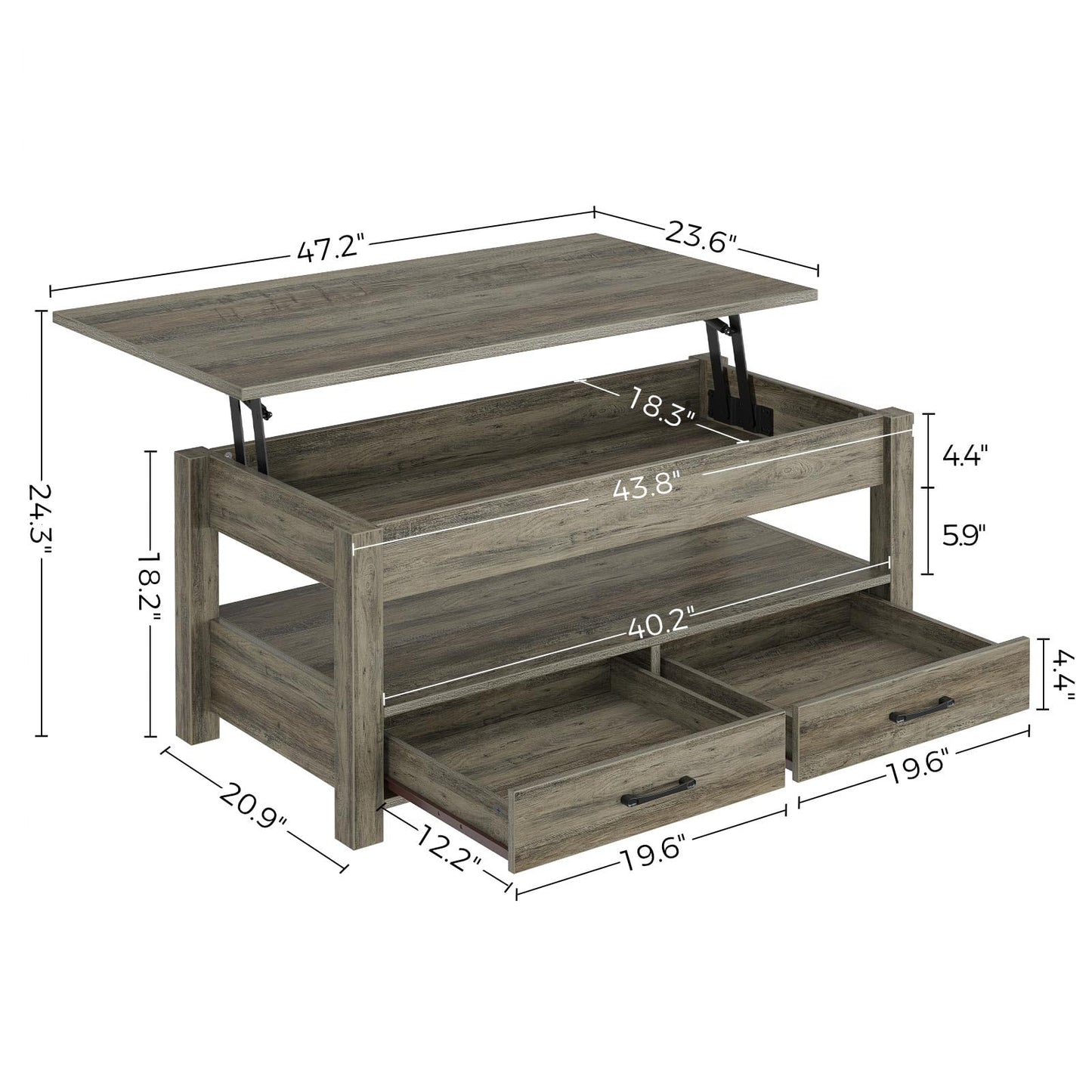 Rolanstar 47.2" Lift Top Coffee Table with Drawers & Hidden Compartment – Retro Wooden Central Table with Adjustable Lift Tabletop for Living Room, Washed Oak