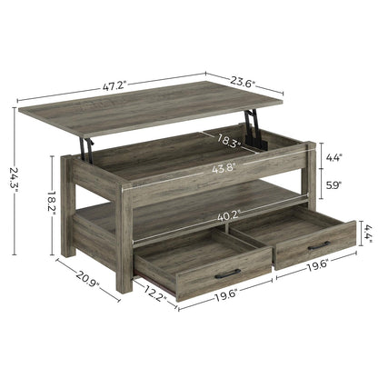 Rolanstar 47.2" Lift Top Coffee Table with Drawers & Hidden Compartment – Retro Wooden Central Table with Adjustable Lift Tabletop for Living Room, Washed Oak