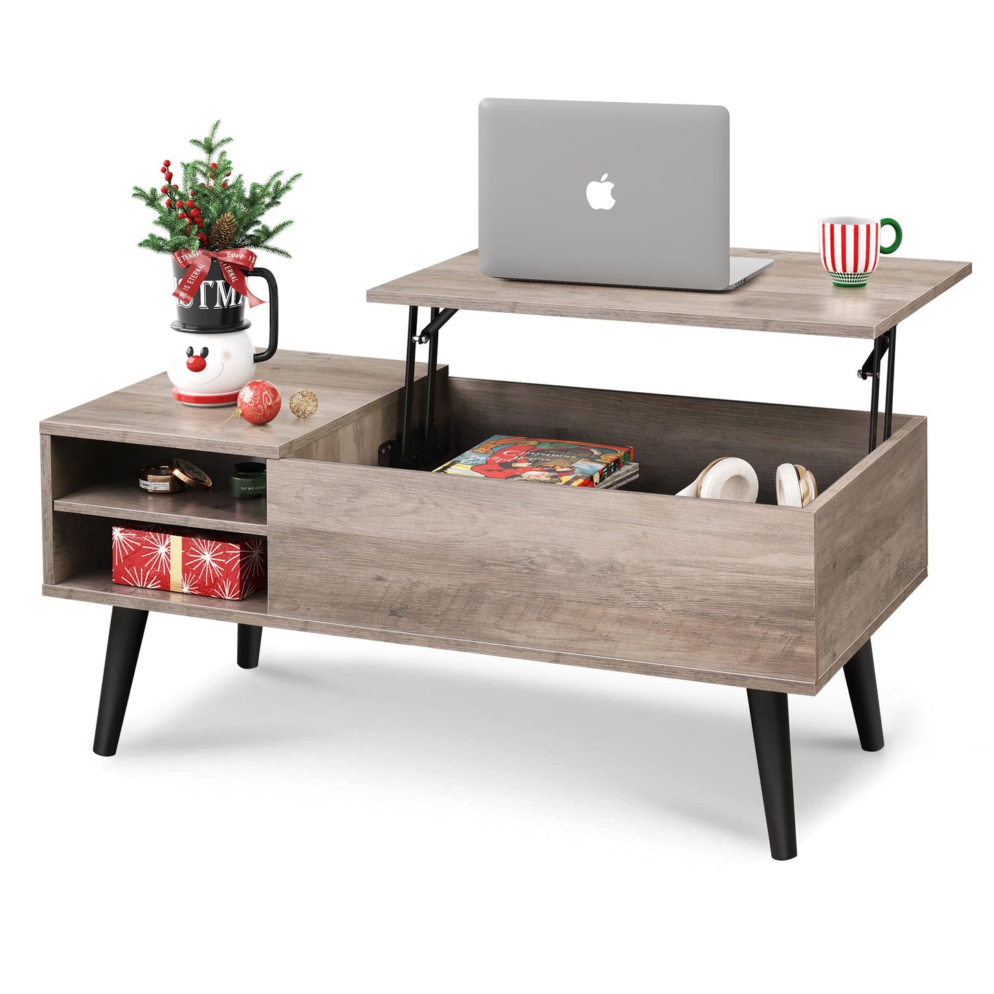 WLIVE Greige Lift Top Coffee Table – Mid-Century Modern Small Table with Adjustable Shelf & Storage Compartment for Living Room