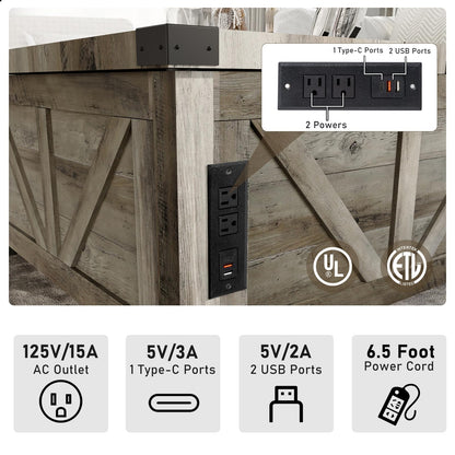 Farmhouse Lift Top Coffee Table with Storage and Charging Station – Grey Wood Square Center Table with USB Ports, Hidden Compartment, and Spacious Storage for Living Room, Bedroom, or Home Office