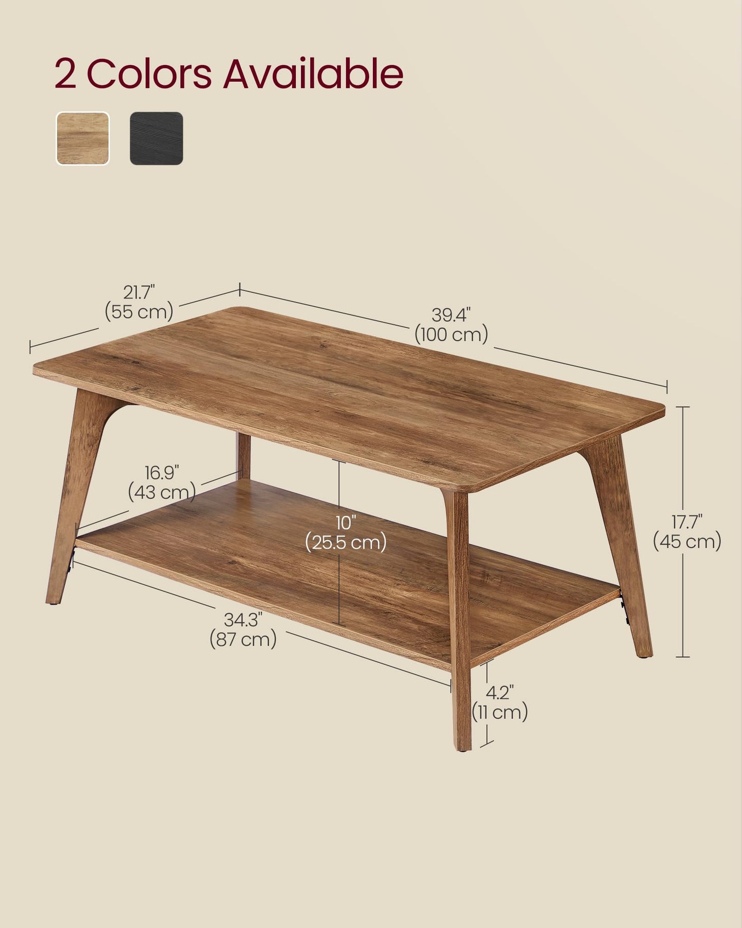 VASAGLE MAEZO Collection 2-Tier Coffee Table with Storage, Tapered Legs & Curved Transitions – 21.7" x 39.4" x 17.7" Modern Center Table for Living Room, Easy Assembly, Honey Brown (ULCT249K01)