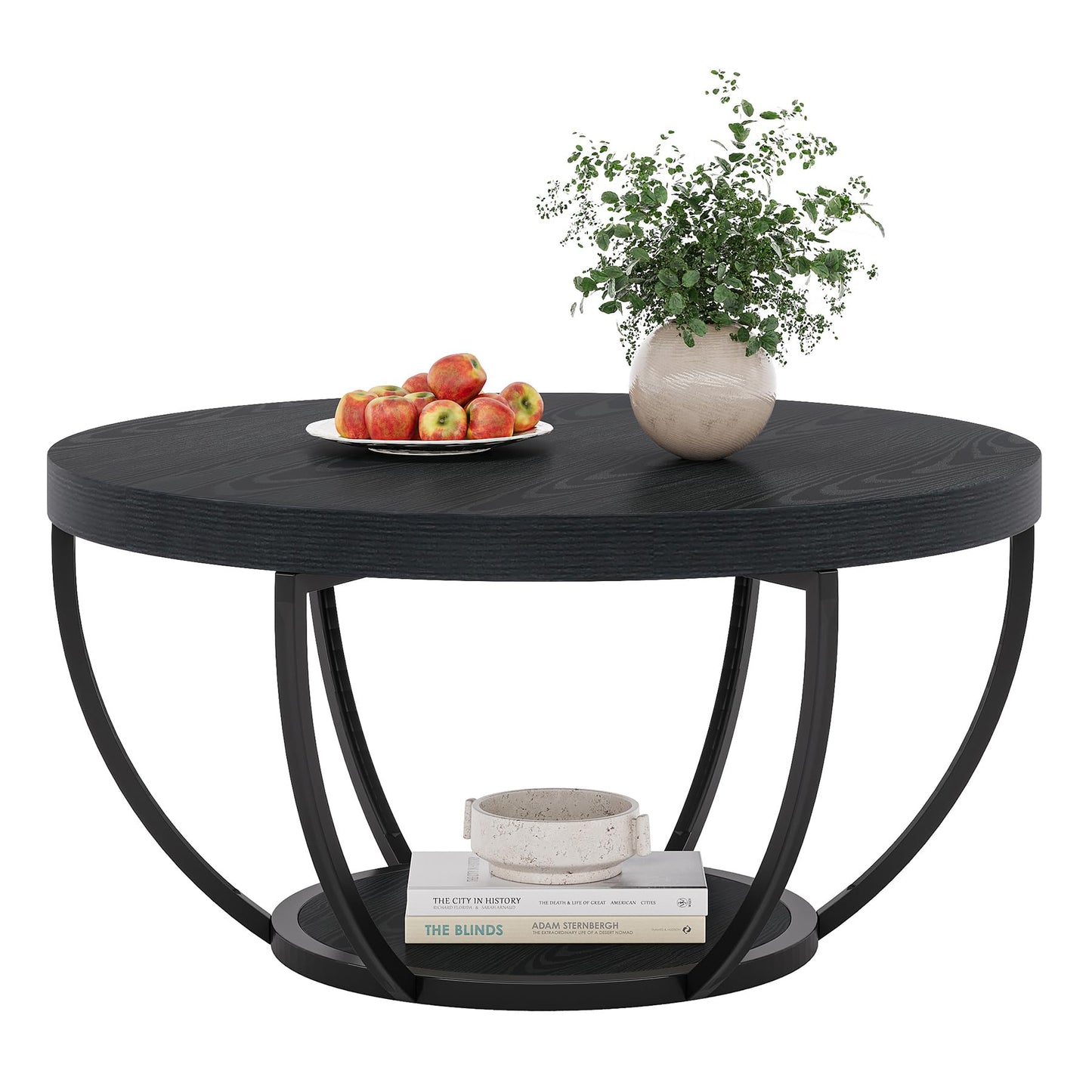 Tribesigns Black Round Coffee Table, 31.7" Modern 2-Tier Circle Coffee Table with Storage Shelves, Accent Cocktail Table Center Table for Living Room