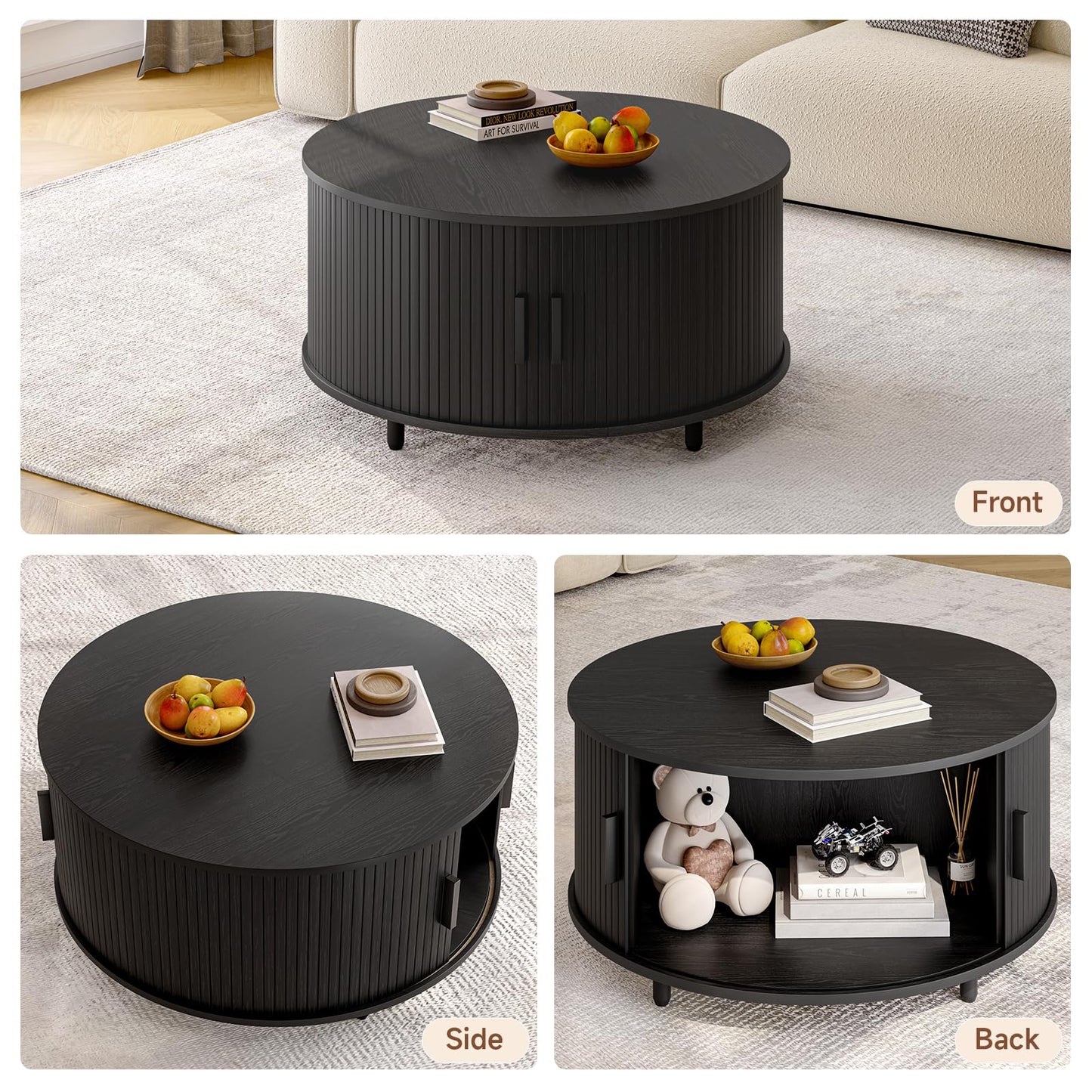 Round Coffee Table with Storage, 31.5" Modern Fluted Wood Table with 360° Sliding Door and Adjustable Footpads, Black