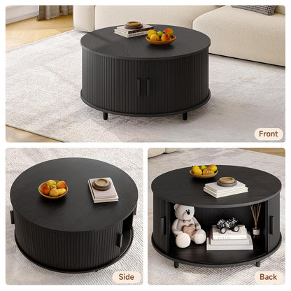 Round Coffee Table with Storage, 31.5" Modern Fluted Wood Table with 360° Sliding Door and Adjustable Footpads, Black