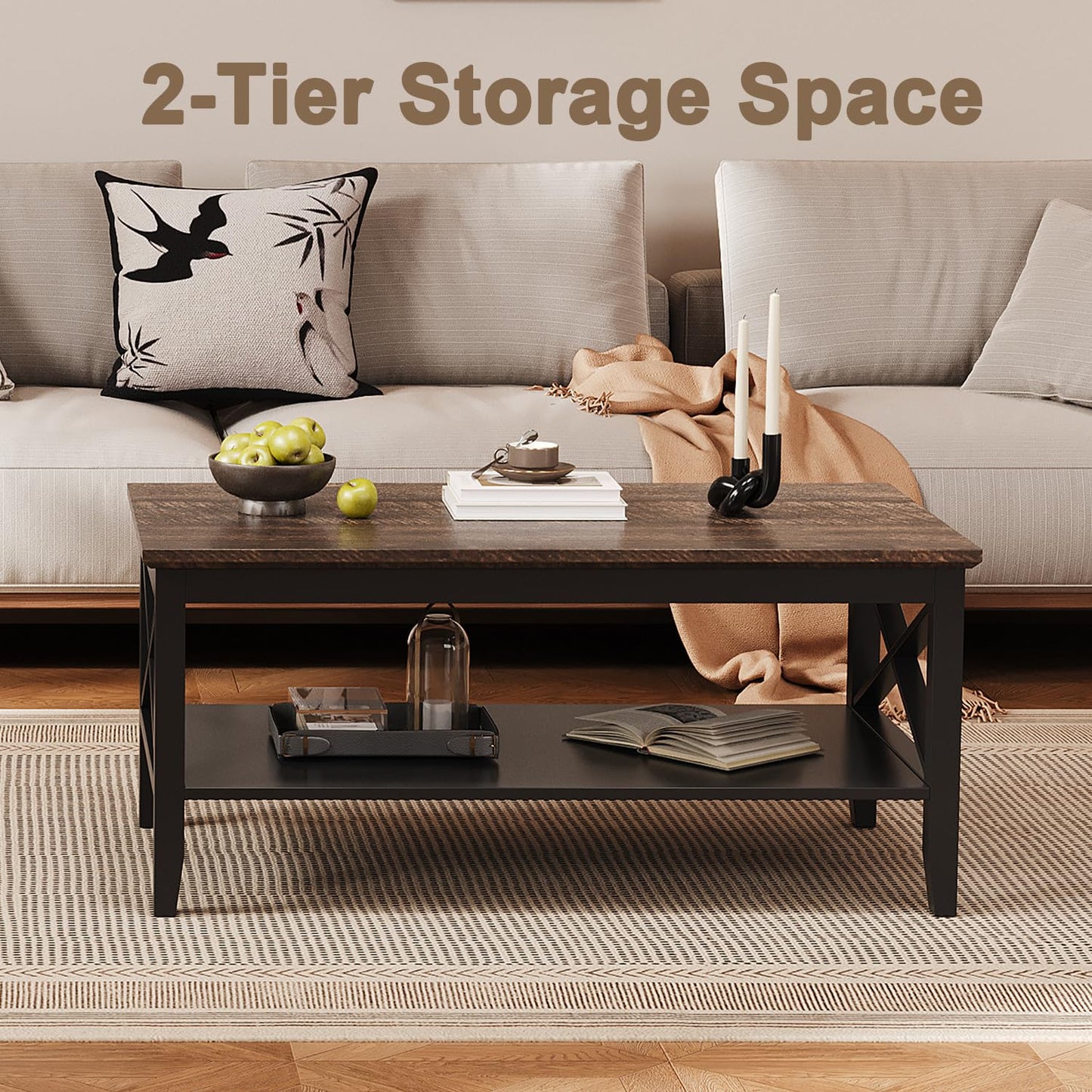 Black Wooden Coffee Table with Thick Legs and Storage for Living Room