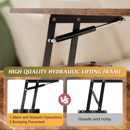 39" Lift Top Coffee Table with Hidden Compartment and Storage Shelf for Living Room or Office, Rustic Brown