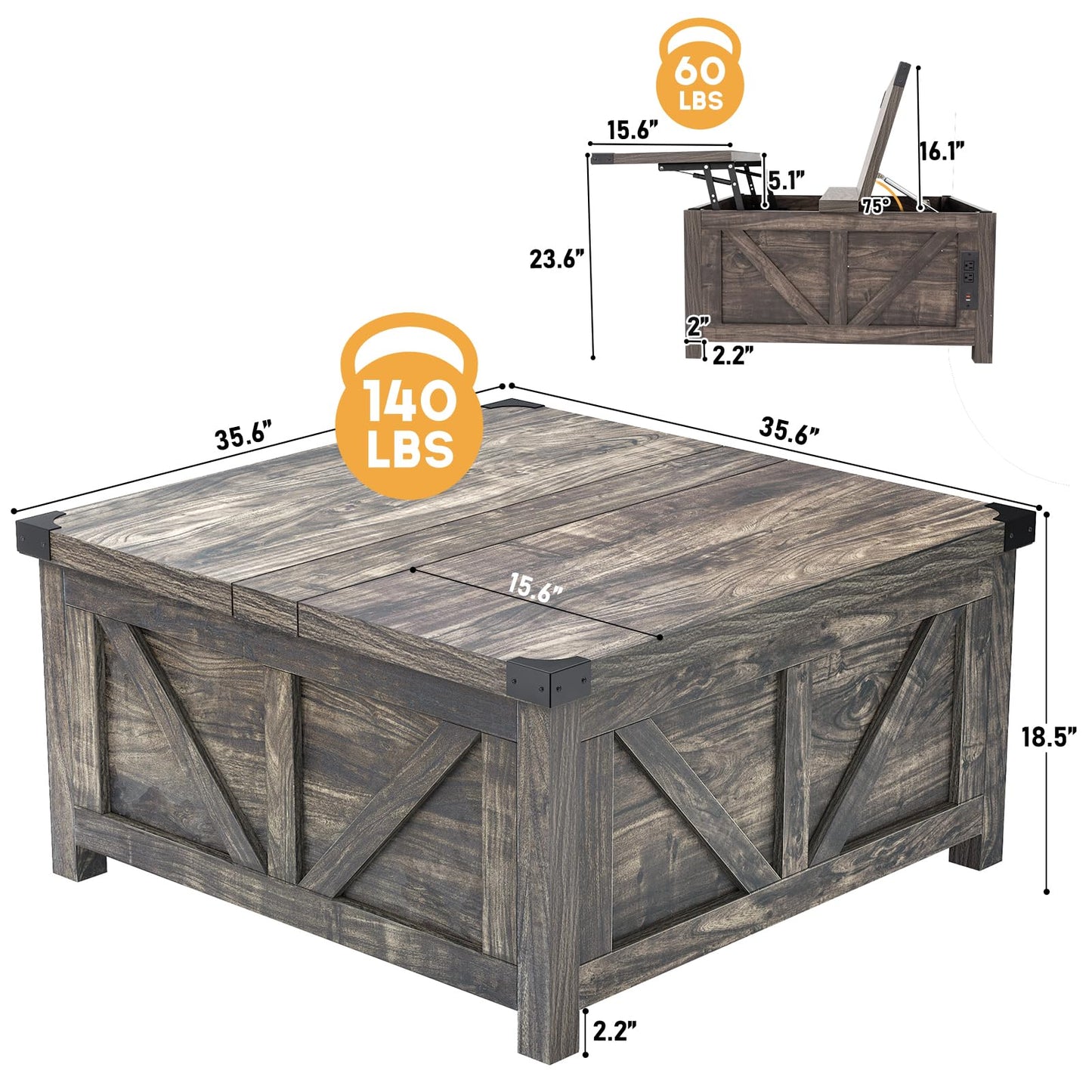 Farmhouse Lift Top Coffee Table with Storage and Charging Station – Dark Grey Wood Square Center Table with USB Ports, Hidden Compartment, and Spacious Storage for Living Room, Bedroom, or Home Office