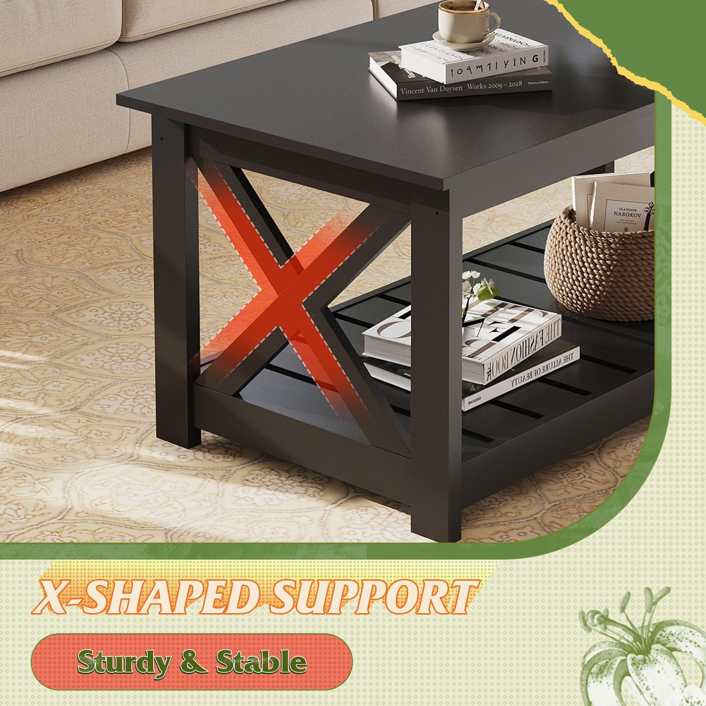 WLIVE 40.1" Farmhouse Coffee Table – 2-Tier Wood Center Table with Slatted Storage Shelf & X-Frame, Living Room or Balcony, Black