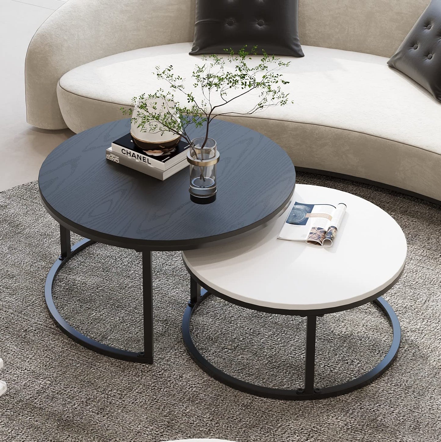 WiberWi Round Nesting Coffee Tables Set of 2 – Large Ø34", Small Ø26", Modern Metal Frame Side & End Tables for Living Room, Black & White