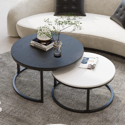 WiberWi Round Nesting Coffee Tables Set of 2 – Large Ø34", Small Ø26", Modern Metal Frame Side & End Tables for Living Room, Black & White