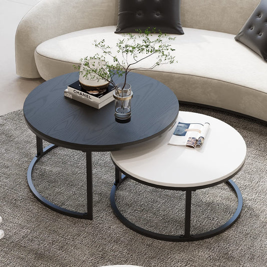 WiberWi Round Nesting Coffee Tables Set of 2 – Large Ø34", Small Ø26", Modern Metal Frame Side & End Tables for Living Room, Black & White