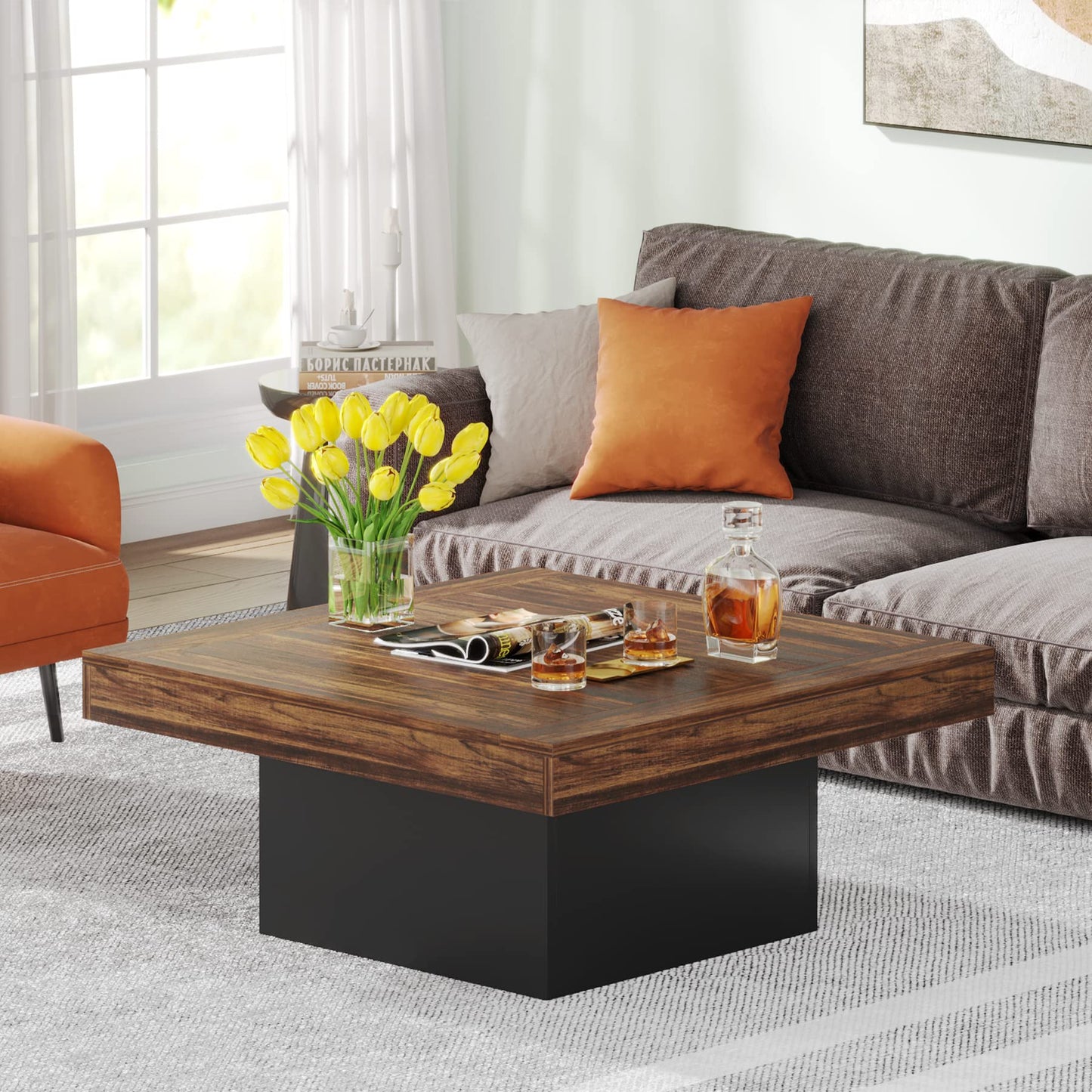 Tribesigns Square LED Coffee Table – Rustic Brown & Black Engineered Wood Low Center Cocktail Table for Living Room
