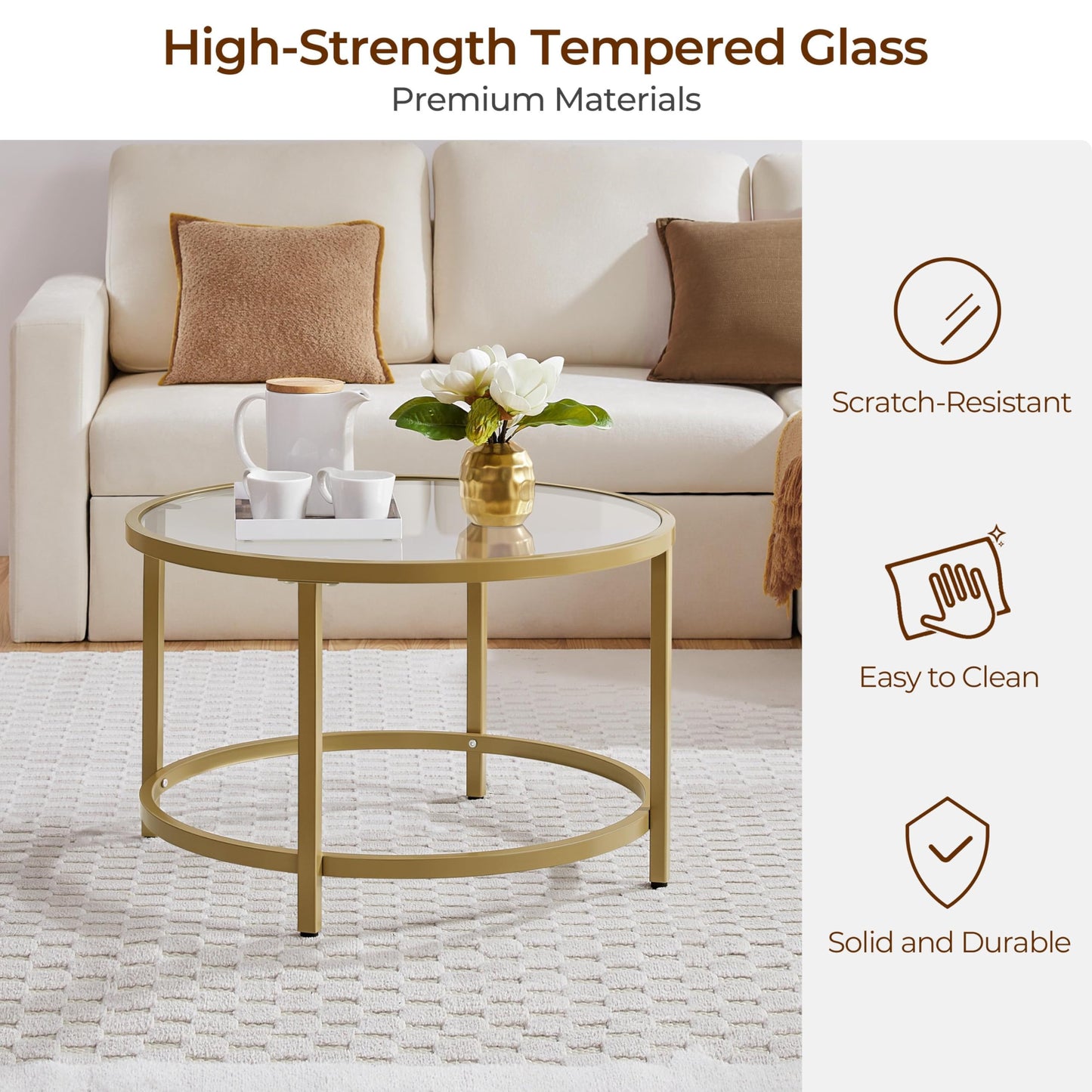 27.6" Round Glass Coffee Table with Gold Metal Frame for Living Room, Office, or Apartment