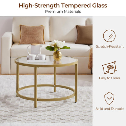 27.6" Round Glass Coffee Table with Gold Metal Frame for Living Room, Office, or Apartment