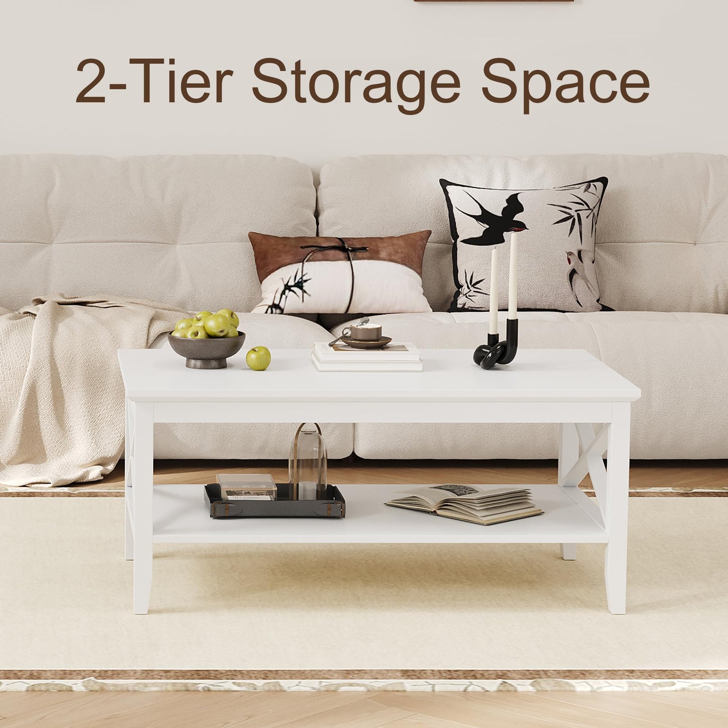 White Rectangular Coffee Table with X Design and Storage Shelf, 39 Inch Modern Living Room Table