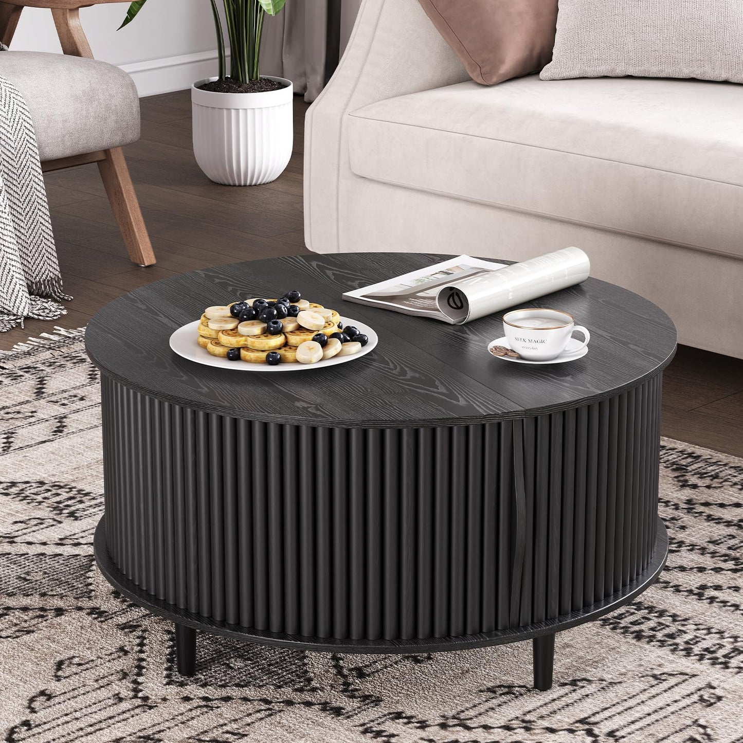 Round Coffee Table with Storage,Mid Century Modern Dining Table with Sliding Cabinet Door for Living Room,Home Small Space,31.5" Small Center Table,Black