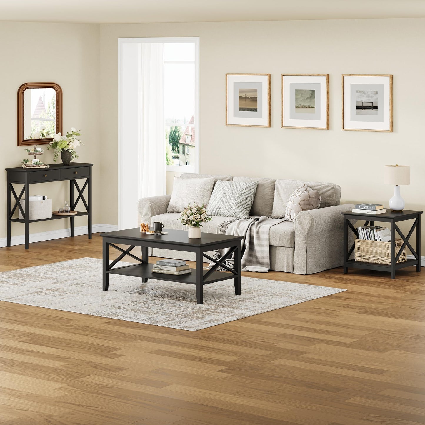 Black Wood Coffee Table with Thick Legs and Storage for Living Room