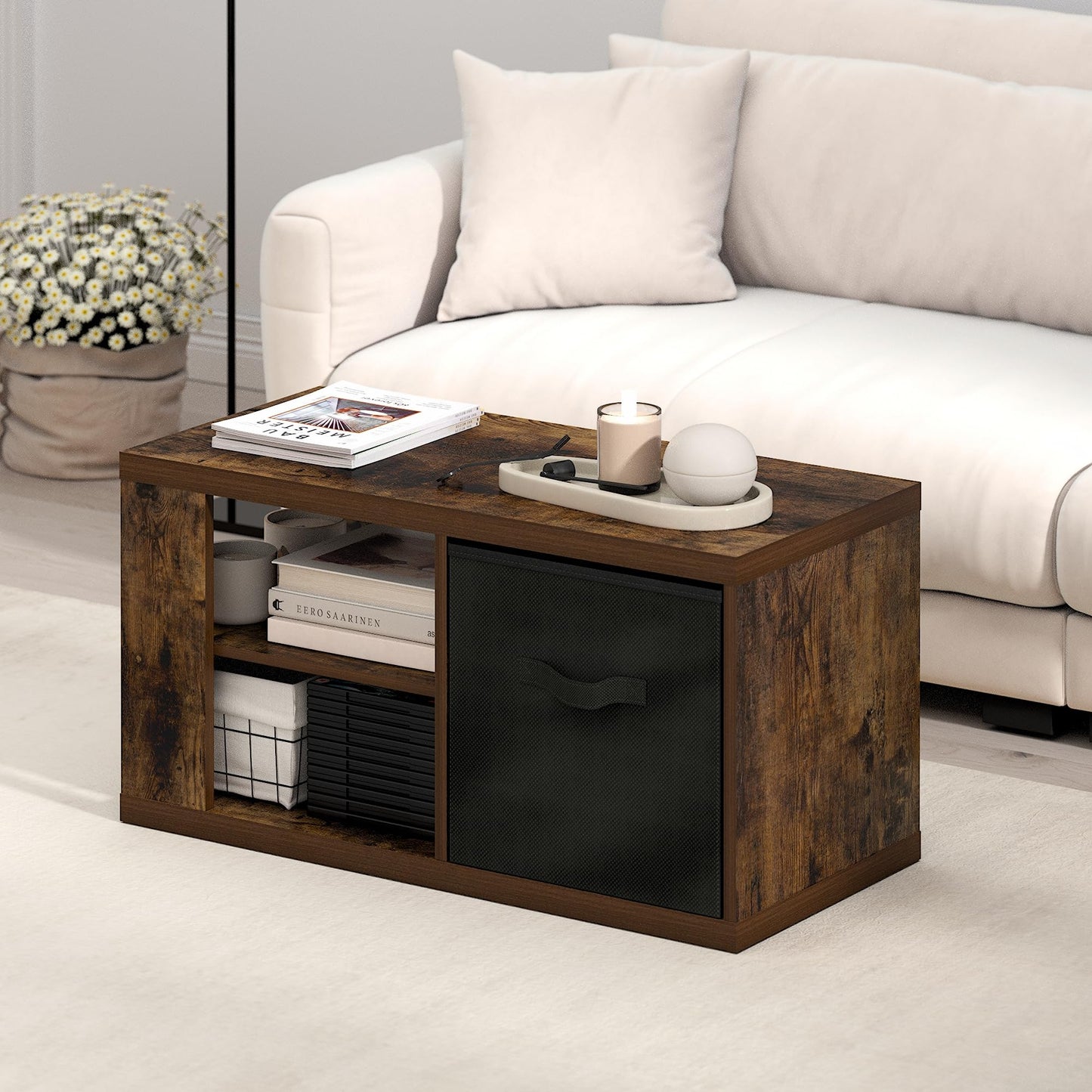 Modern Coffee Table with Open Shelves and Storage Bin, Stylish Side Table for Living Room, Amber Pine/Black