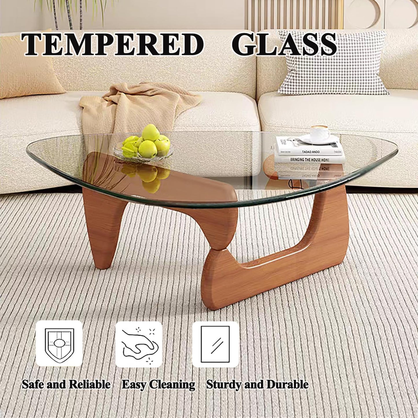 Modern Glass Coffee Table for Living Room, Small Mid-Century Coffee Table with Walnut Base and Transparent Glass Top, Stylish Center Table for Bedroom, Reception, or Office – Medium Size
