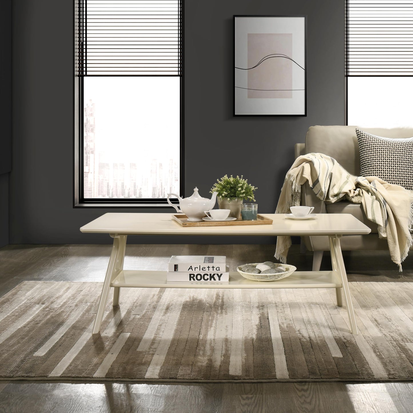 Roundhill Furniture Arona Mid-Century Modern Wood Coffee Table with Shelf – Off-White Finish