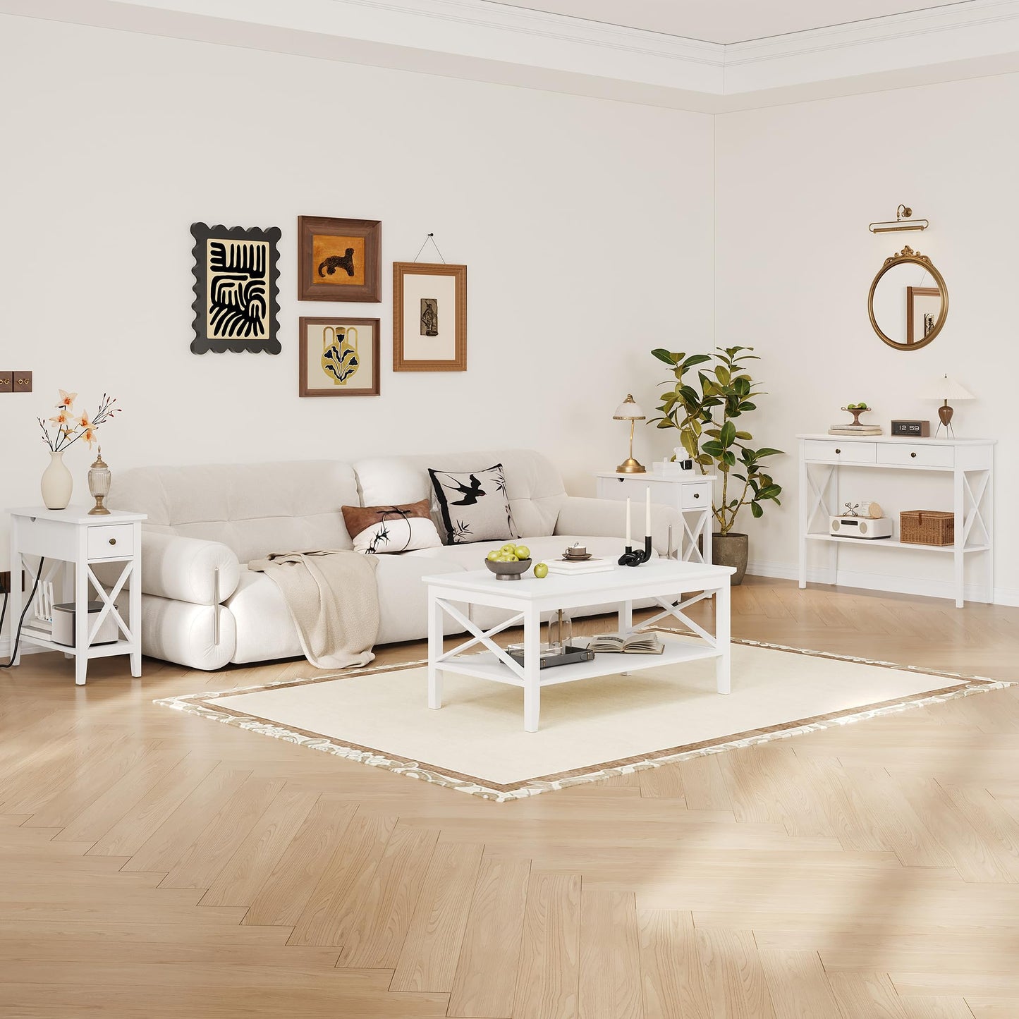 White Rectangular Coffee Table with X Design and Storage Shelf, 39 Inch Modern Living Room Table