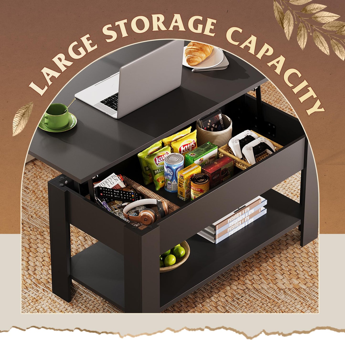 39" Lift Top Coffee Table with Hidden Compartment and Storage Shelf for Living Room or Office, Black