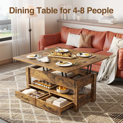 Rolanstar Lift Top Coffee Table – Multi-Function Convertible Table with Drawers & Hidden Compartment, Converts to Dining Table for Living Room or Home Office, Rustic Brown